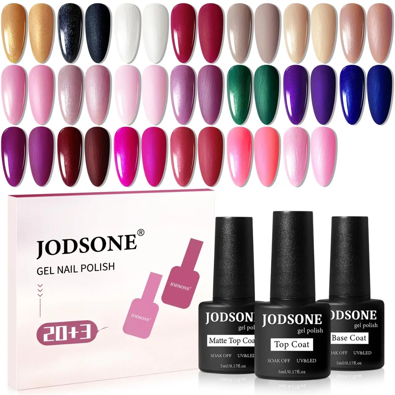 JODSONE 20-Color Glitter Gel Nail Polish Multi-Pack, Manicure Nail Art Cosmetic Set with 3 No-Wipe Base Coats, Glossy & Matte Top Coats, Durable Long Lasting Bottle Kit, Ideal Gift for Enthusiasts, Gel Nails At Home