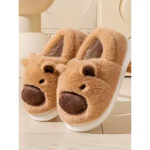 Cartoon Capybara Plush Thick Warm Indoor Outdoor Slippers, Unisex Couple Home Comfort Fuzzy Shoes, Cozy Winter Footwear