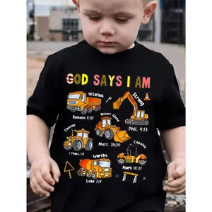 Faithbased Boys' Christian Construction Vehicle T-Shirt |       Bible Verse Tee with Excavator, Truck, Builder Words - Construction Site Birthday Outfit - Religious Kids Clothing