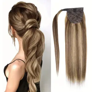 New Wholesale Arrivals Clip-In Human Hair Ponytail Extensions - Balayage Chocolate Brown & Caramel Blonde 14-22 Inch Straight Wrap Around Ponytail Pieces for Women & Girls, Natural Look, Versatile Styling, All Ethnicities, Versatile Hair Styling |   Styli