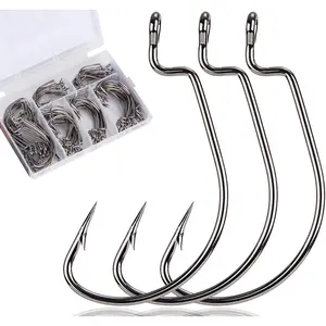 120Pcs Bass Hooks Set, Strong Offset Bass Fishing Hooks Freshwater Barbed Sharp Worm Hooks for Texas Rigging Fishing Extra Wide Gap 6 Sizes Assorted #1 1/0 2/0 3/0 4/0 5/0
