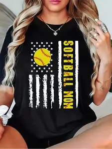 Women'S Softball Mom Graphic T-Shirt - Softball & Softball Mom Lettering Design, Casual Round Neck Short Sleeve Tee for Softball Moms, Coaches & Players - All-Season Comfort, Team Spirit Apparel (Black/Grey/White/Dark Red) - Softball Pride Gift