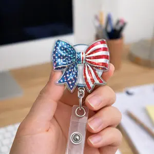 USA 250th Anniversary America Coquette Bow Retractable ID Badge Reel, Forth Of July ID Holder, Patriotic Work Accessory Unique Gift for Employee Nurse Teacher Doctor Nursing Student or Coworker