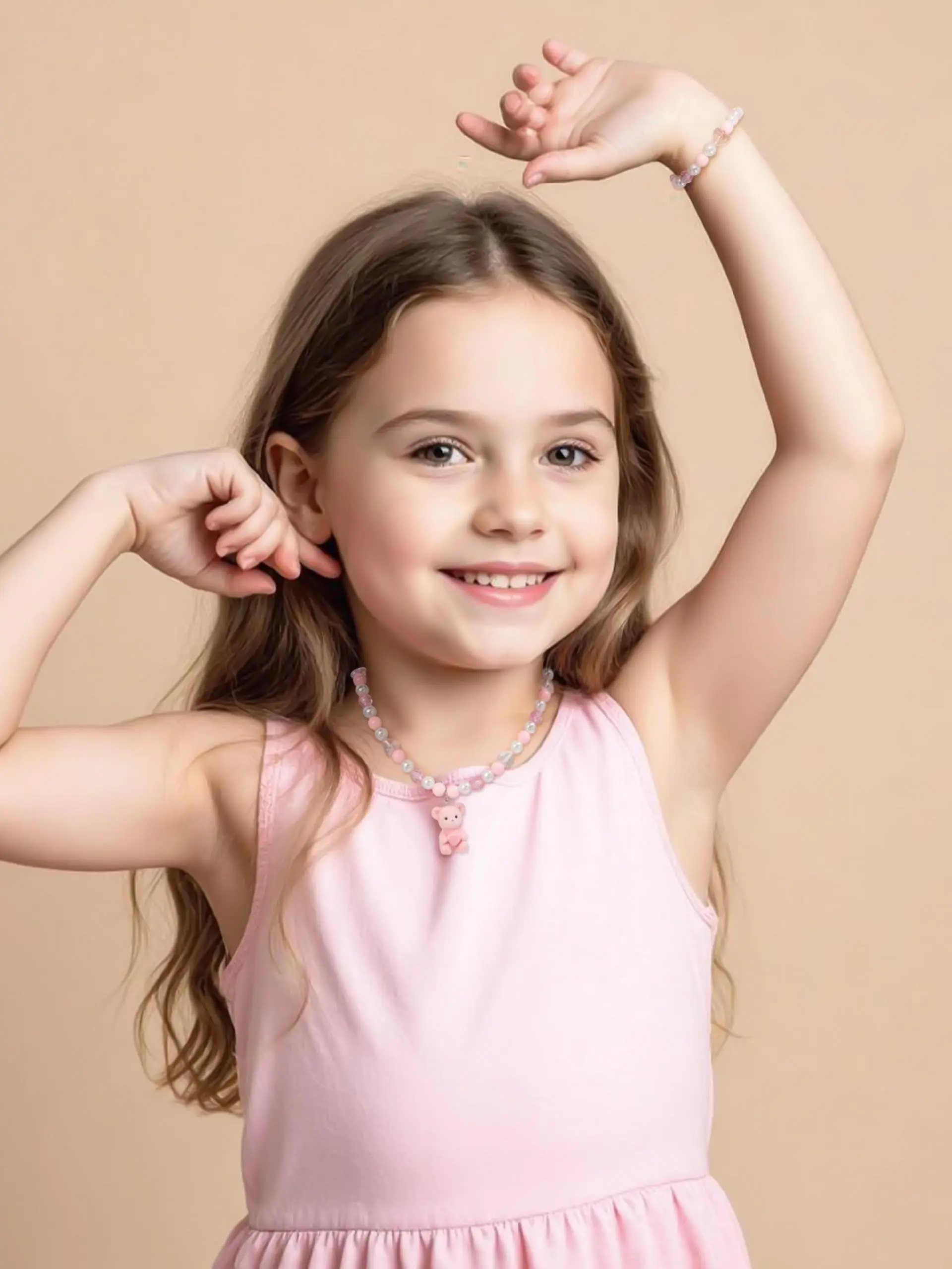 Cute 3D Bear Pendant Kids Necklace Bracelet Set, Star Heart Bead Jewelry, Adorable Accessories, Perfect Gift for Little Ones