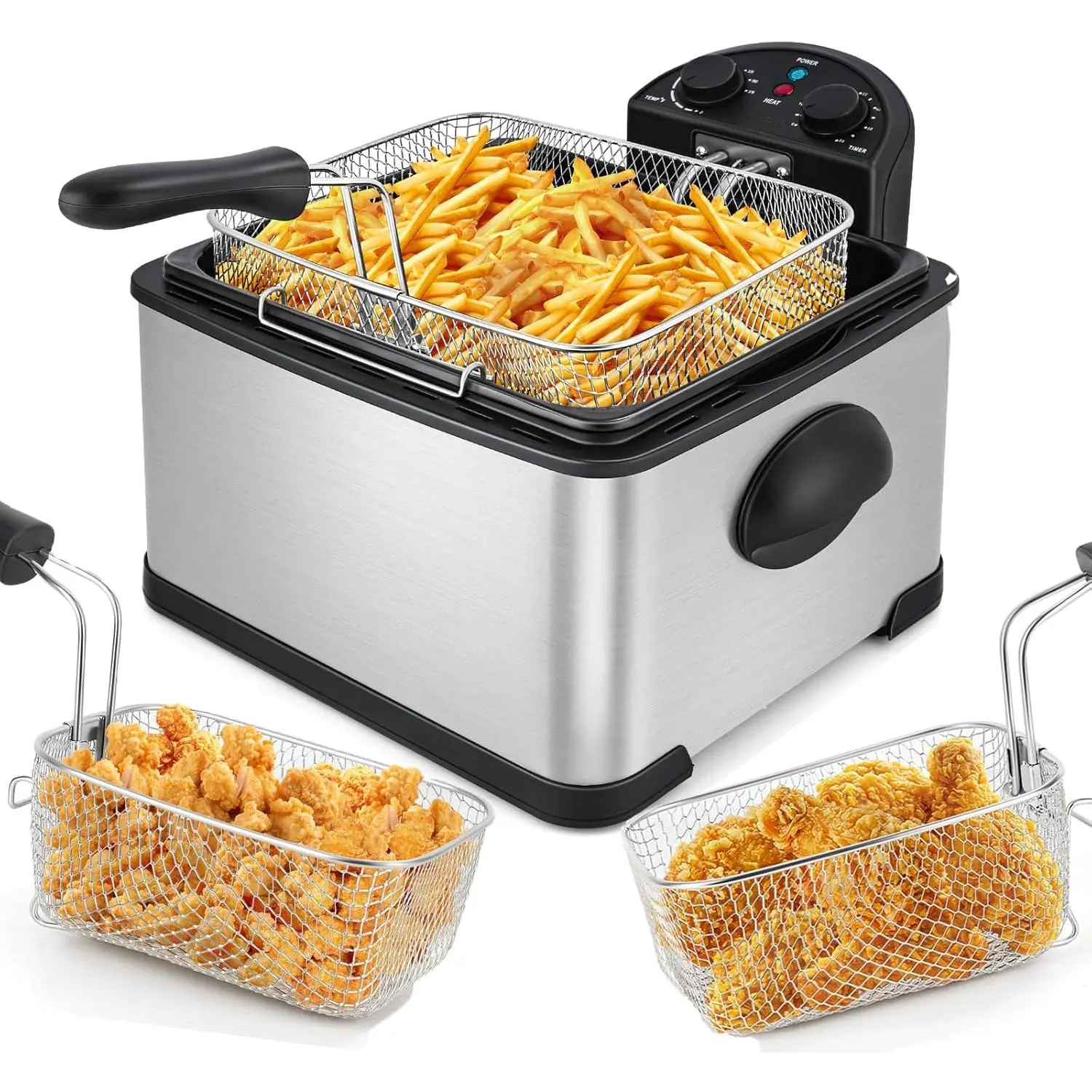 Cool-Touch Stainless-Steel Electric Deep Fryer, 4L/17-Cup/4.5-Qt Capacity, 1700W Power, Timer Control, Free Extra Odor Filter, Triple Baskets, Silver