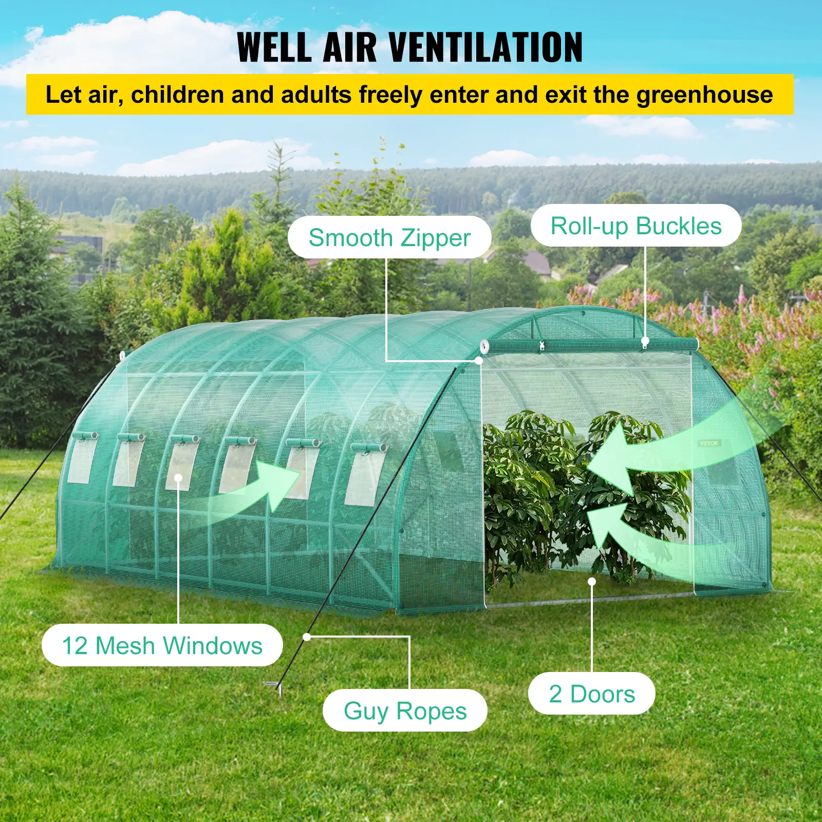 【summerfinds】VEVOR Walk-in Tunnel Greenhouse, 20 x 10 x 7 ft Portable Plant Hot House with Galvanized Steel Hoops, 3 Top Beams, Diagonal Poles, 2 Zippered Doors & 12 Roll-up Windows, Green, Grow Tent System, Greenhouse Structure Greenhouses