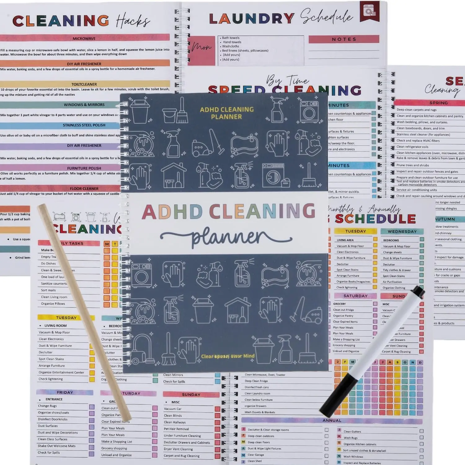 Cleaning Planner with Erasable Pen, -Free Housework Checklist Schedule Organizer for Adults and Teens, Build Sustainable Cleaning Habits and Reduce Clutter, Undated Daily, Weekly, Monthly