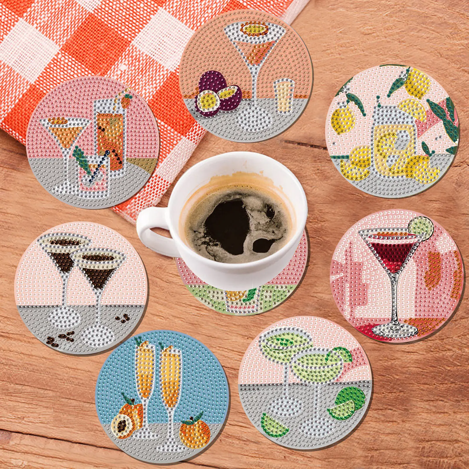 8pcs/set DIY Diamond Painting Coasters No Holder, Size 10cm/3.94inch Crystal Rhinestone Diamond Art Coasters for Adults, Wooden Desktop Art Coasters for Home Office Coffee Shop Restaurant Table Decor, Great New Year Christmas Gifts for Friends and Family