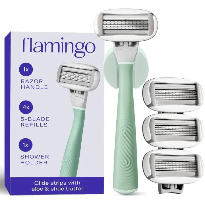 Flamingo Shaving Razor Set for Women - Original Razor Handle, 4 Blade Refills, and Shower Holder - Sage