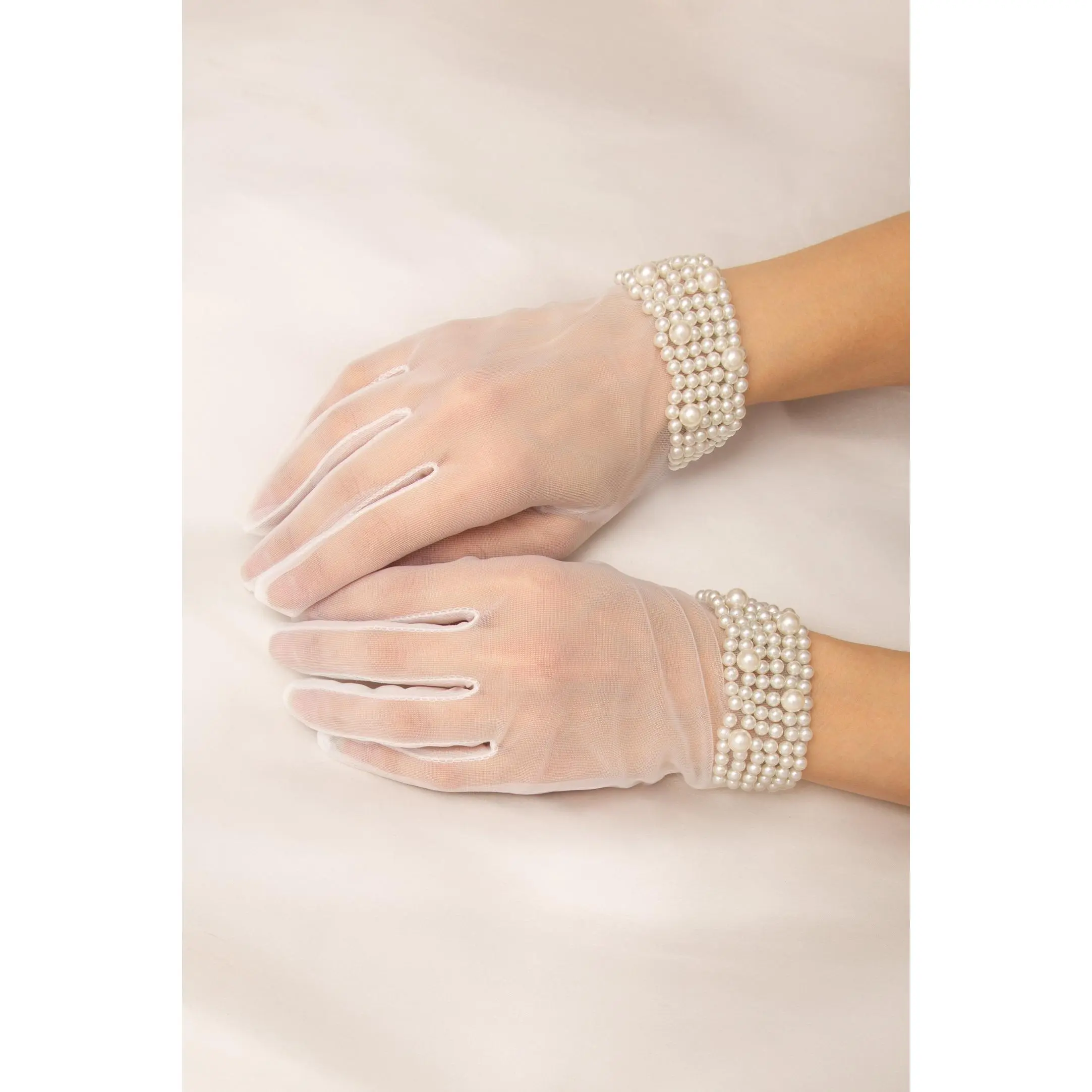 Sherry Sheer Mesh Wrist-Length Gloves with Pearl Beaded Cuff