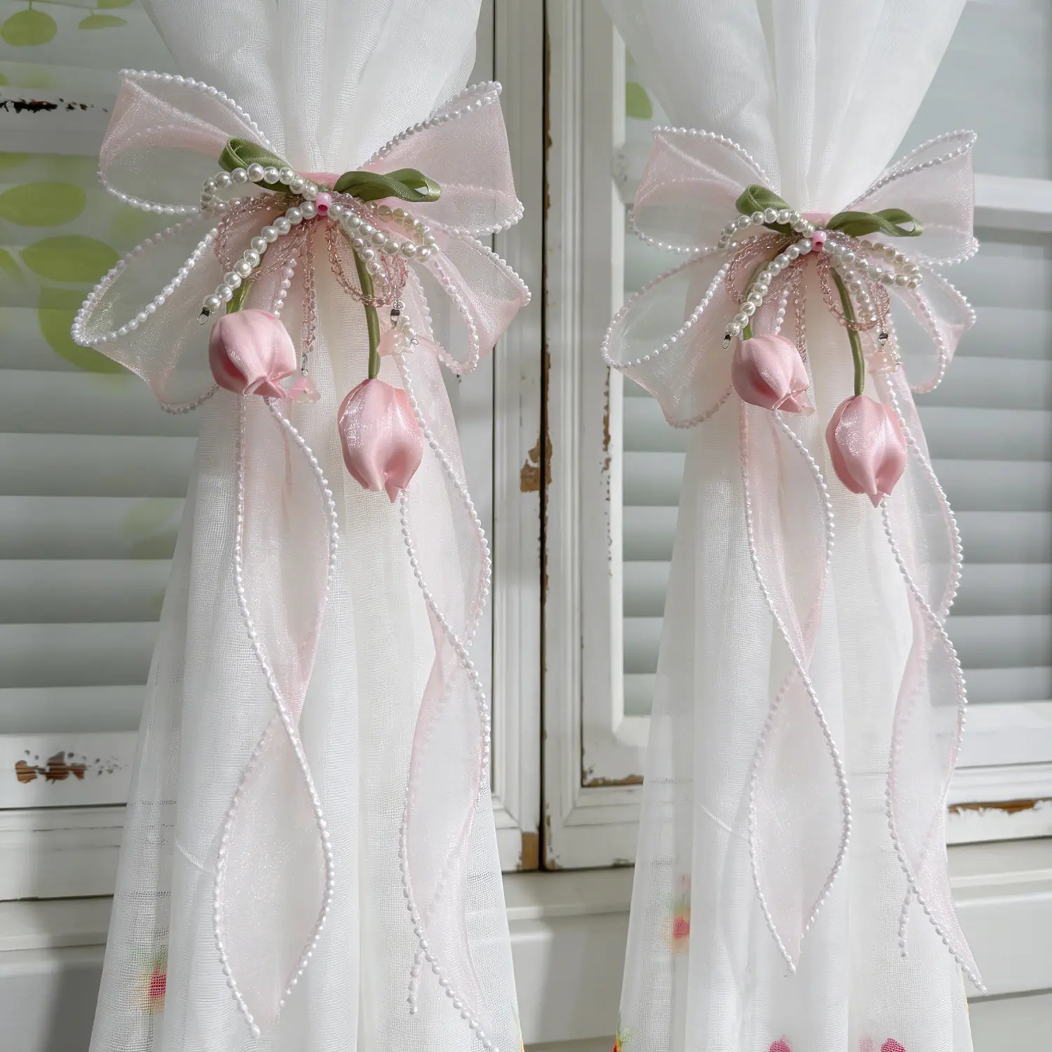 2 Pack French Silky Bow Curtain Tiebacks, Elegant Pink Lace Ribbon for Curtains Decorative Rope Accessories Home Décor
