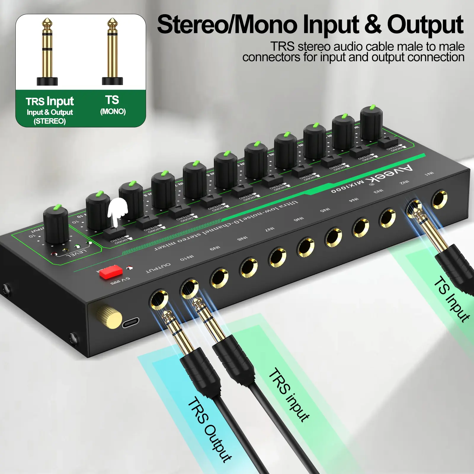 Aveek 10 Channel Mixer - Mini 10 Stereo Audio Mixer, Low-Noise for Precision Sub-Mixing,1/4" TRS Input/Output Ideal for Mics/Guitars/Bass/Stage