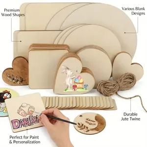 Turn Blank Wood into Masterpieces, 65 Pack Unfinished Wood Craft Blanks – Assorted Shapes with Twine, DIY Wooden Signs for Painting & Home Decor