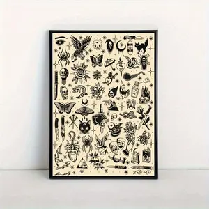 [UNFRAMED POSTER] Black Tattoo Pattern Poster, Unframed Wall Art Print for Home, Dorm, Living Room Decor - Ideal Halloween Gift