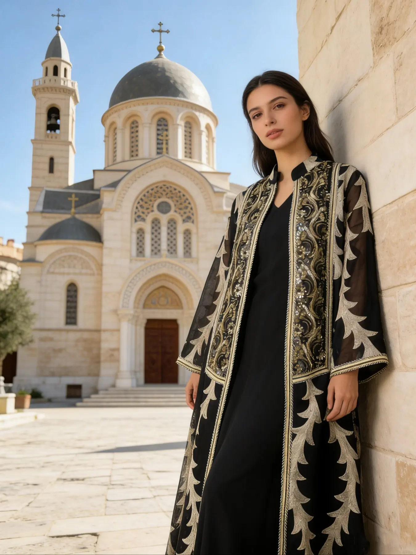 Women's Ethnic Embroidered Mesh Two-Piece Set, Elegant Loose Fit Abaya Long Robe for Spring & Fall, Muslim Middle East Islamic Style, Modest Muslim Outfits
