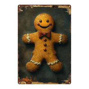 2D Flat, 1pc Vintage Gingerbread for Metal Wall Art Sign - 20.32x30.48 cm Rustic Iron Decorative Plaque with Smiling Face, Bow Tie & Ruffled Collar - Perfect for Home, Office, Bedroom, Or Room Decoration - Ideal Gift For Gingerbread Lovers
