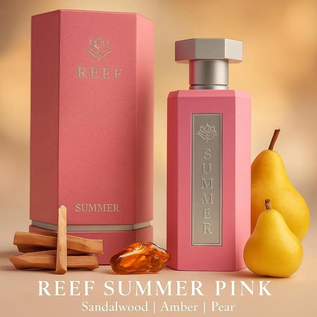 Reef Pink Luxury Perfume for Women – Eau de Parfum 100ml | Notes of Pear, Sandalwood & Amber | Fruity, Elegant & Long-Lasting Fragrance | Signature Soft Amber Scent by Reef Perfumes
