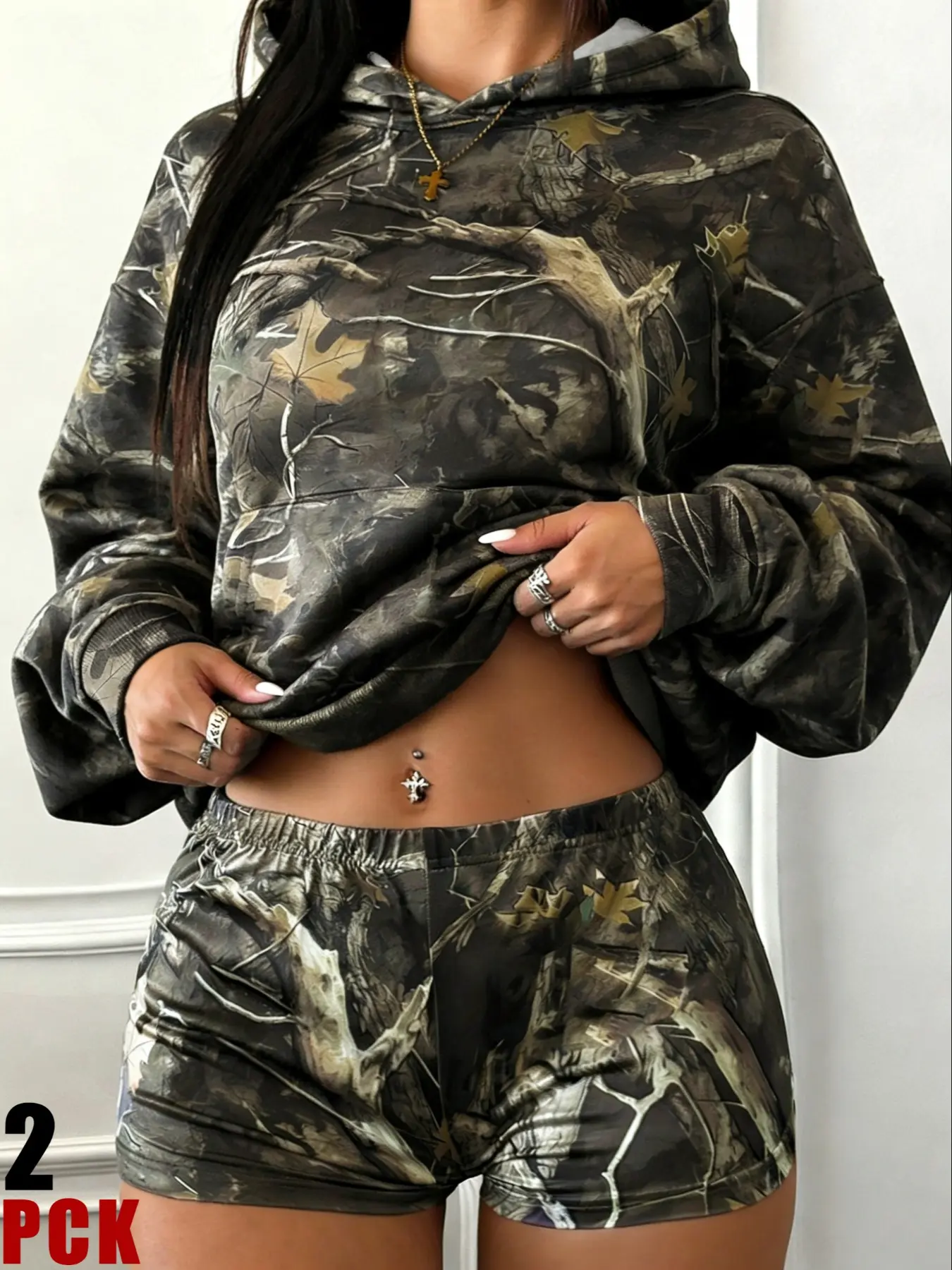 Women's American Street Vintage Camo Full Print Hoodie Sweatshirt + Tight Short Pants Set, Sexy Casual for Fall & Winter