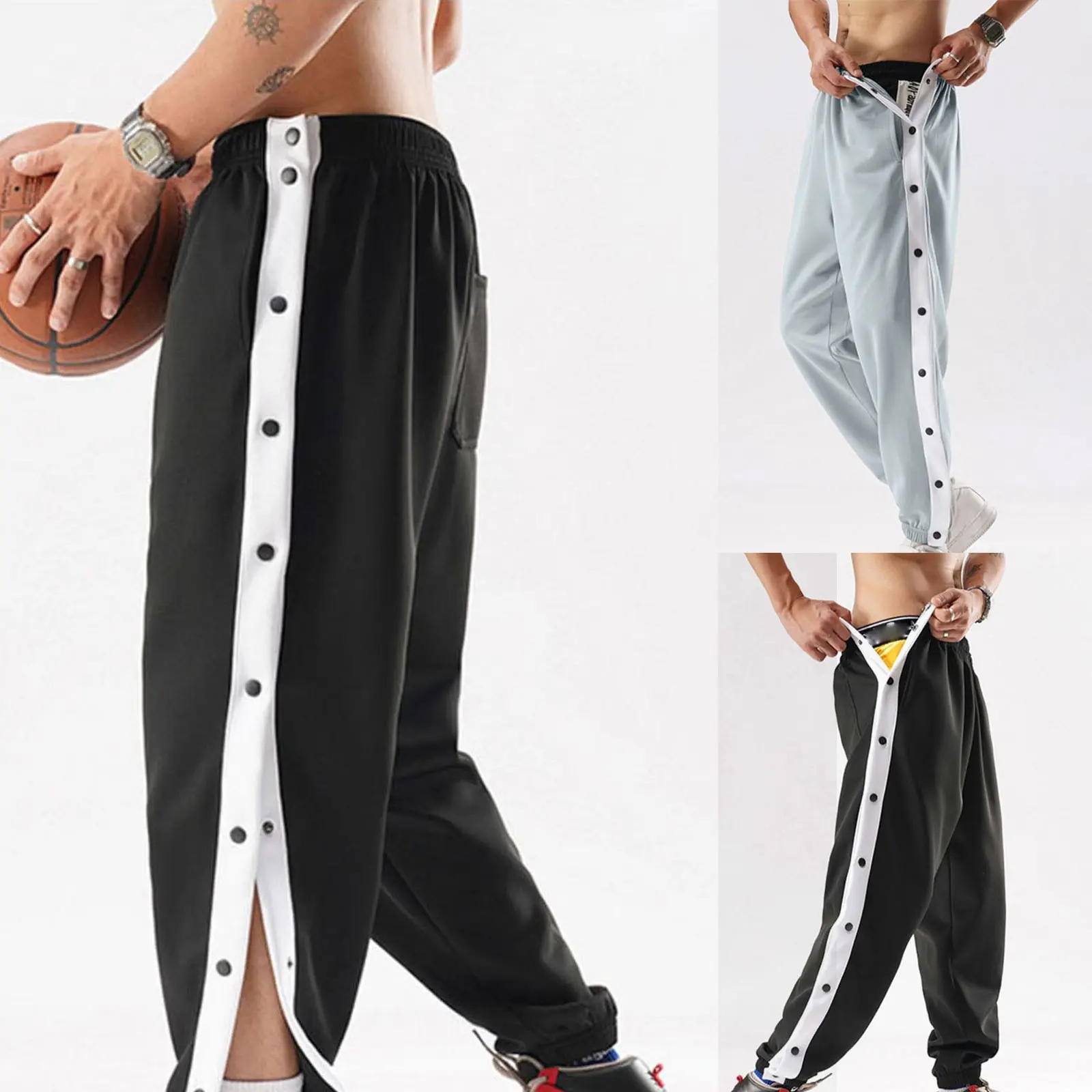 Men's Mid-Weight Tear-Away Sweatpants, Loose Fit Polyester Casual Sports Pants with Full Side Snap Buttons and Drawstring Waist, Side Opening, Casual Wear, Side Snaps, Midweight Fabric, Full-Length, Male, Synthetics