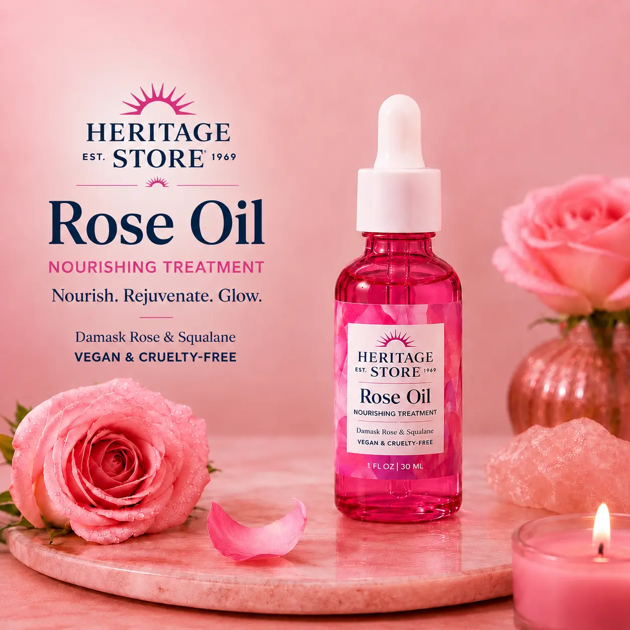 Heritage Rose Oil Nourishing Treatment 1oz — Glow Face Oil with Rose Hydrosol — Daily Skincare Ritual