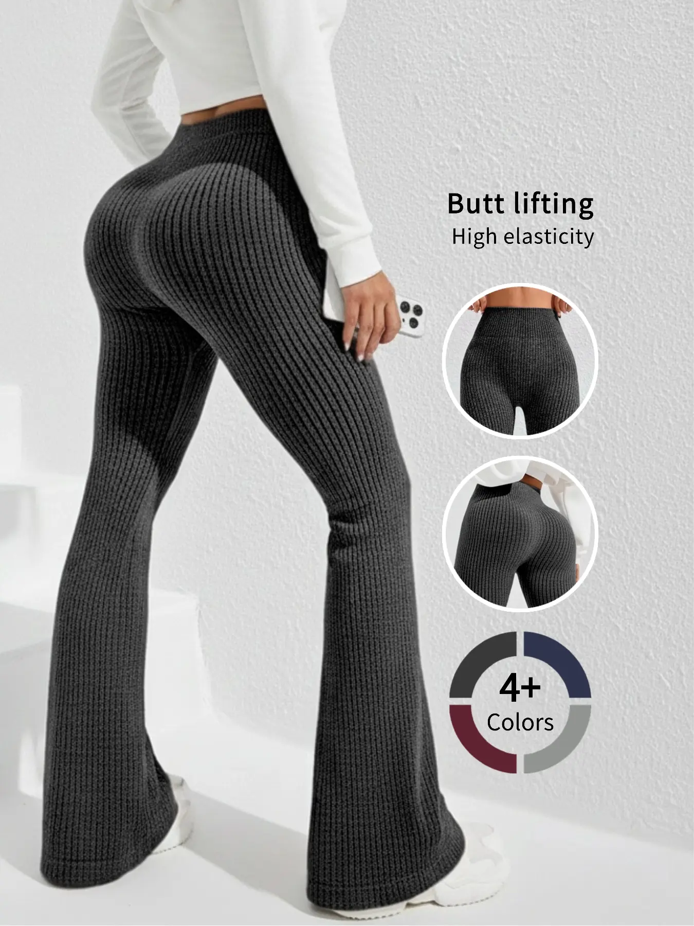 High Waist High Elasticity Ribbed Butt Lifting Slimming Flare Pants for Women, High Waist Activewear, Waist Cinching Sweat-Wicking Yoga Pants Long Leggings, Solid Flare Leggings, Athleisure Fitness Leggings, Bum Leggings, Fitness Clothes