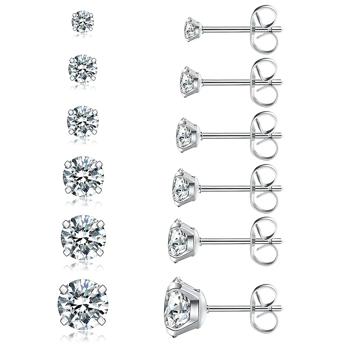 Stainless Steel Stud Earrings for Men Women 6 Pairs Cubic Zirconia Earrings Set 3mm-8mm