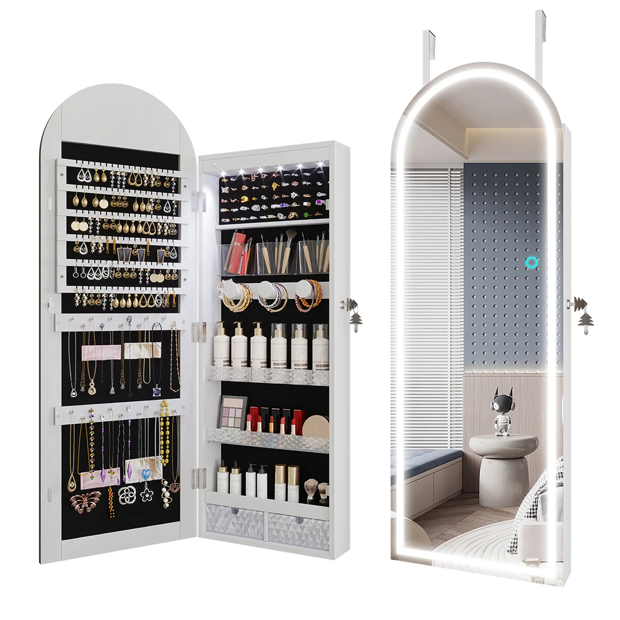 VlsrkaArched Lighted Mirror Jewelry Cabinet, Wall/Door Mount Jewelry Armoire Organizer with Lights, Full Length Mirror with Jewelry Storage, Over the Door Hanging Jewelry Cabinet