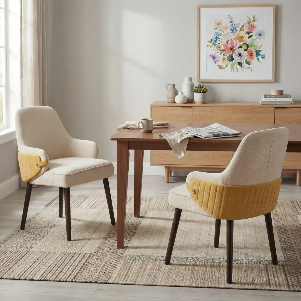 Indoor Dining Chair Set of 2, Beige & Yellow Two-Tone Fabric Armchair with Sturdy Frame, Modern Accent Chair for Dining Room/Living Area, 300lbs