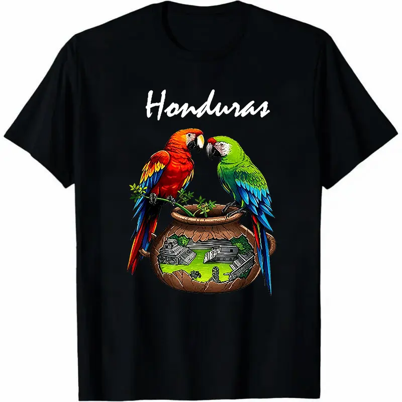 Unisex 100% Cotton Short-Sleeve Crew Neck T-Shirt - Honduras Photorealistic Parrot Print, Central American Heritage Design, Fitted Sports Top, All Seasons, S, Women's Sizing Tip: Consult Chart & Size Up