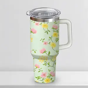 Floral Bloom 30 oz Travel Mug, Sunkissed Yellow & Pink Wildflower Print on Pastel Green, Ambidextrous Lid with Handle, Triple-Wall Insulated Iced Coffee Cup for Summer Road Trips special edition