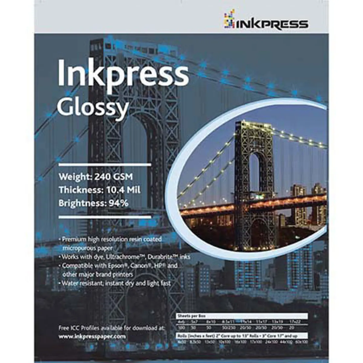 Inkpress Glossy, Single Sided Gloss Surface Inkjet Paper, 240gsm, 10.4 mil., 13x19", 250 Sheets