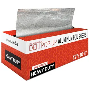 12' Ultra Heavy Duty Pop Up Deli Aluminum Foil, 500 Pre-Cut Sheets, Ideal for Restaurant, Food, Burrito, Hot Dog or Sandwich