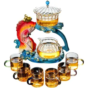 Creative Full Semi-automatic Tea Set Glass Lazy Kung Fu Teacup set Heat-resistant Tea Maker Pot Teapot (Fish Teapot A   6pcs cups) Fruit Transparent Coffee Infuser Stainless Steel Matcha Tea Set