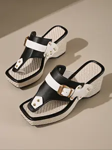 Women's Open Toe Platform Wedge Sandals, Adjustable Buckle Strap with Metal Studs, Woven Sole, Summer Fashion Comfortable Shoes