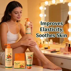 Papaya Extract 3-Piece Set: Body Lotion, Hand Cream, Cleansing Soap. Specially formulated to brighten skin tone, deeply hydrate and soften skin. The perfect daily Moisturizing skincare companion for travel. Long-lasting fragrance from fruit extracts.