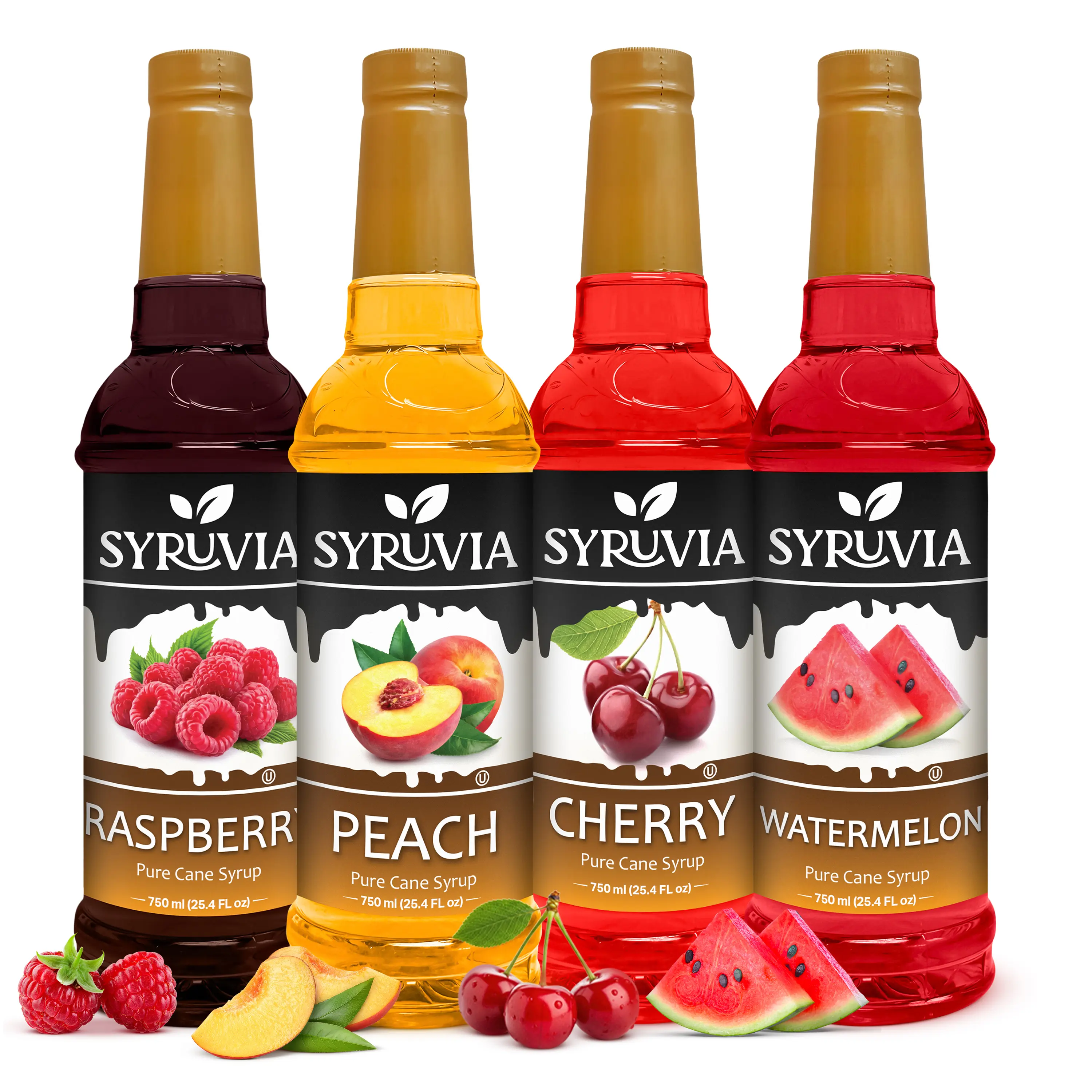 Syruvia Fruit Flavors Variety Pack – Raspberry, Peach, Cherry & Watermelon Syrup – Perfect for Cocktails, Lemonade,  Iced Tea & Beverages – 25.4 Fl oz Bottles (4 Pack)