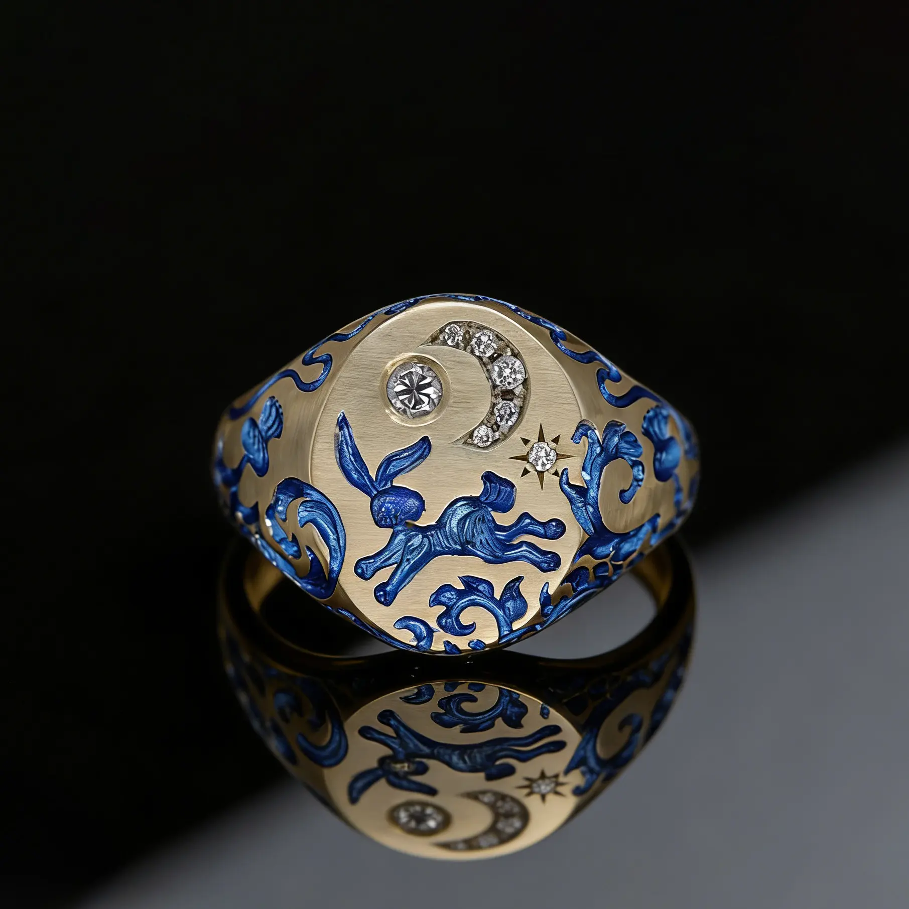 Cute Rabbit Moon Enamel Ring, 18K Gold-Plated Synthetic Cubic Zirconia Signet Ring, Unisex Starry Sky-Themed Jewelry