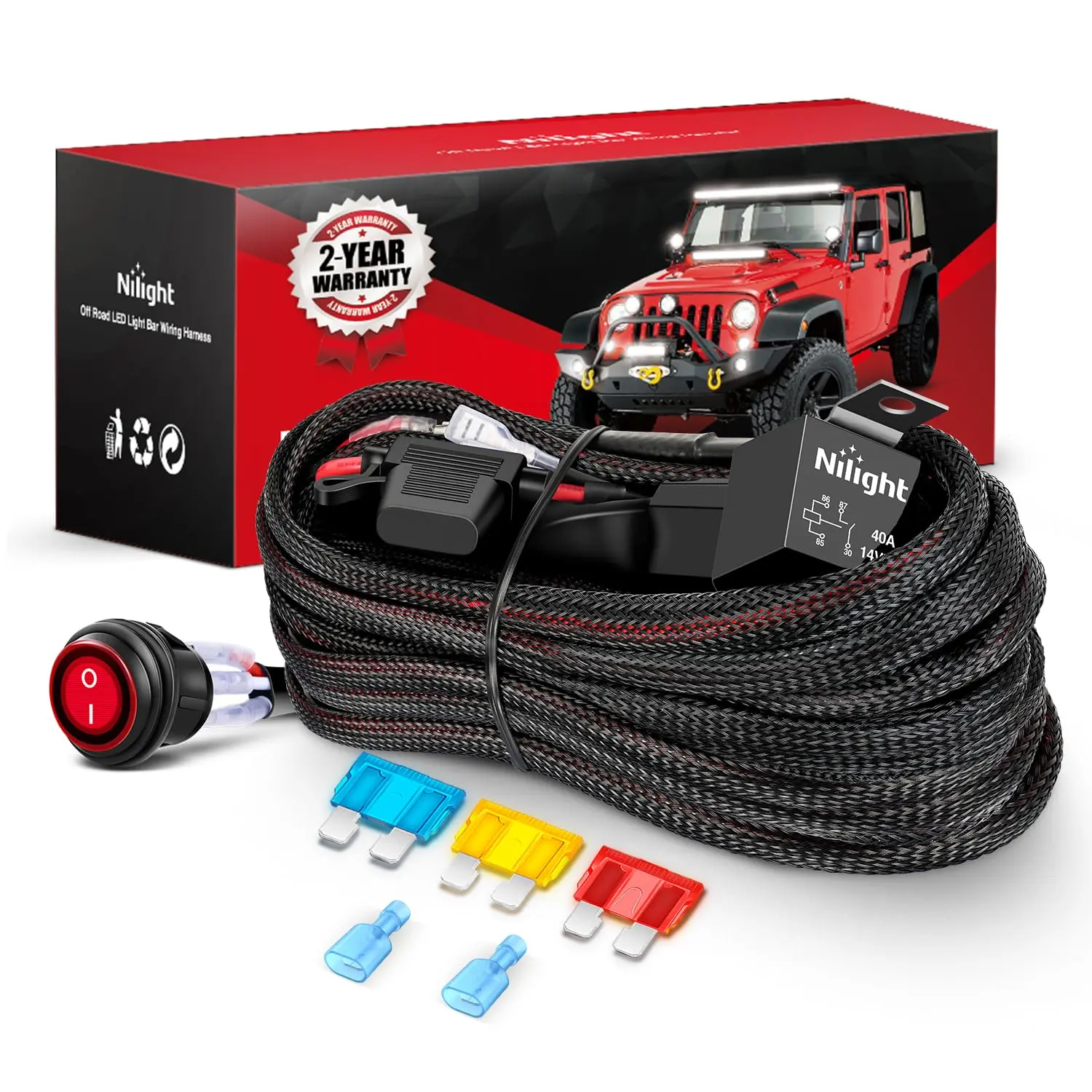 Nilight 14 AWG Nylon Wiring Harness Kit - 1 Lead, 12V On-Off Switch, Power Relay, Blade Fuse for LED Light Bar, Off-Road Lights, Car Lighting Accessories