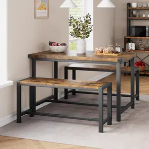 【GARVEE】Rustic Brown Dining Table Set for 4 with 2 Metal Wood Benches, Rectangular 3-Piece Bench Table Set Ideal for Small Spaces, Apartments, and Studios