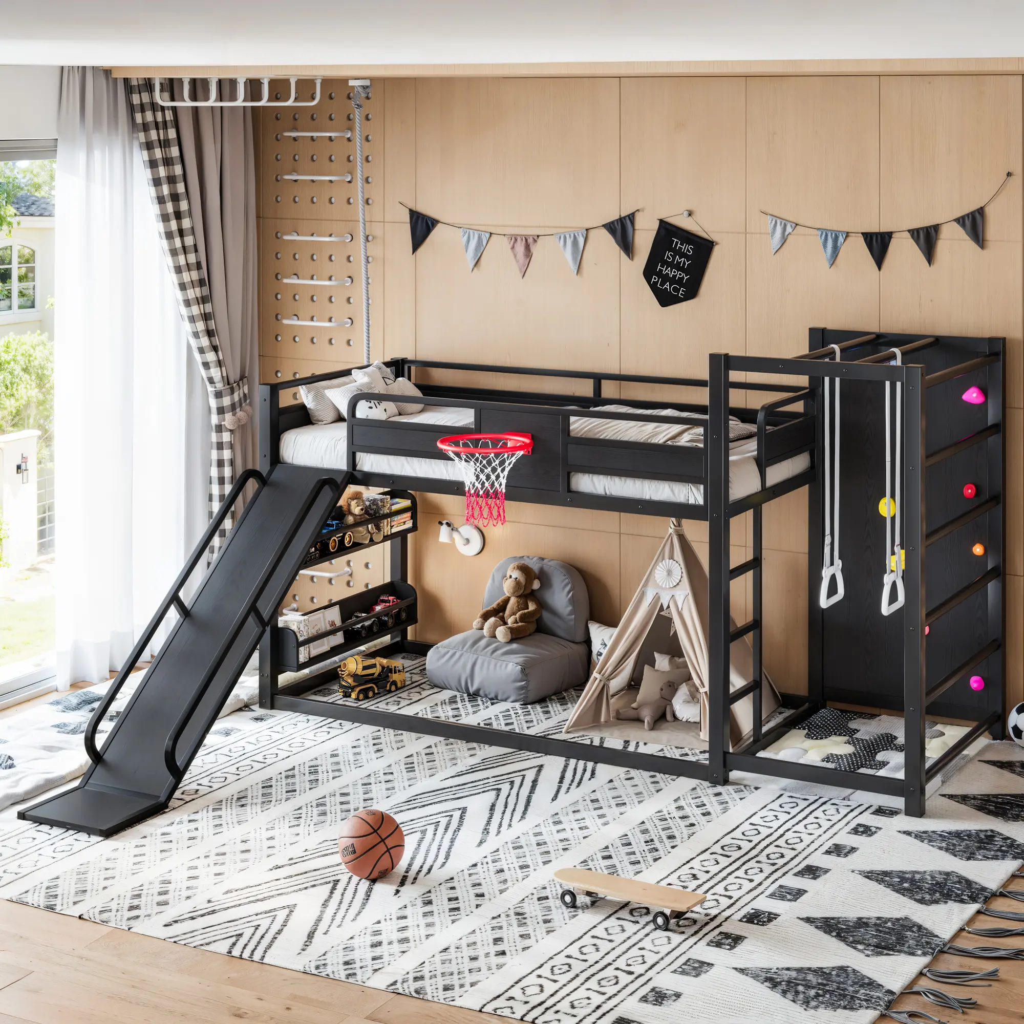 Eyisean Twin XL/Twin/Full Size Metal Floor Bunk Bed, Modern Loft Beds with Slide & Bookshelves, Heavy Duty Bed Frame with Basketball Hoop & Pull-Up Rings, Climbing Wall, Space Saving & Safety Guardrail Design for Bedroom, Easy Assembly
