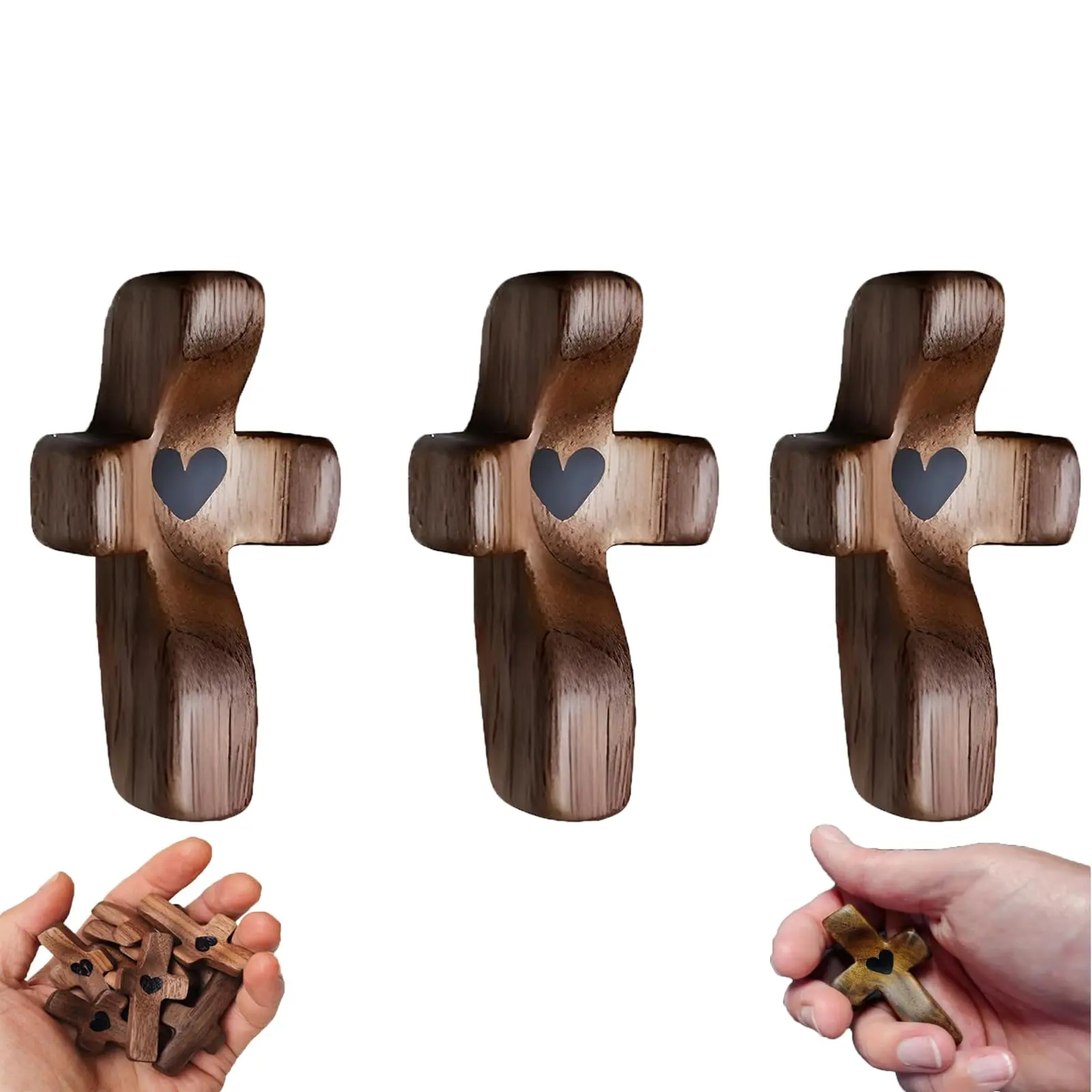 Olive & Walnut Solid Wooden Pocket Prayer Cross Set - Hand Engraved Satin-Finished Religious Decor, Minimalist Christian Handheld Anxiety Relief Gift for Home Office