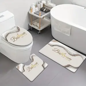 [Bathroom Mat Set] 3pcs/4pcs Golden White Marble pattern printing Bathroom Mat Set |   U-shaped Toilet Seat Cover non-slip laundry room mat living space
