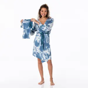Women's Print Mid Length Lounge Robe & Layette Gown Set in Deep Sea Tie Dye