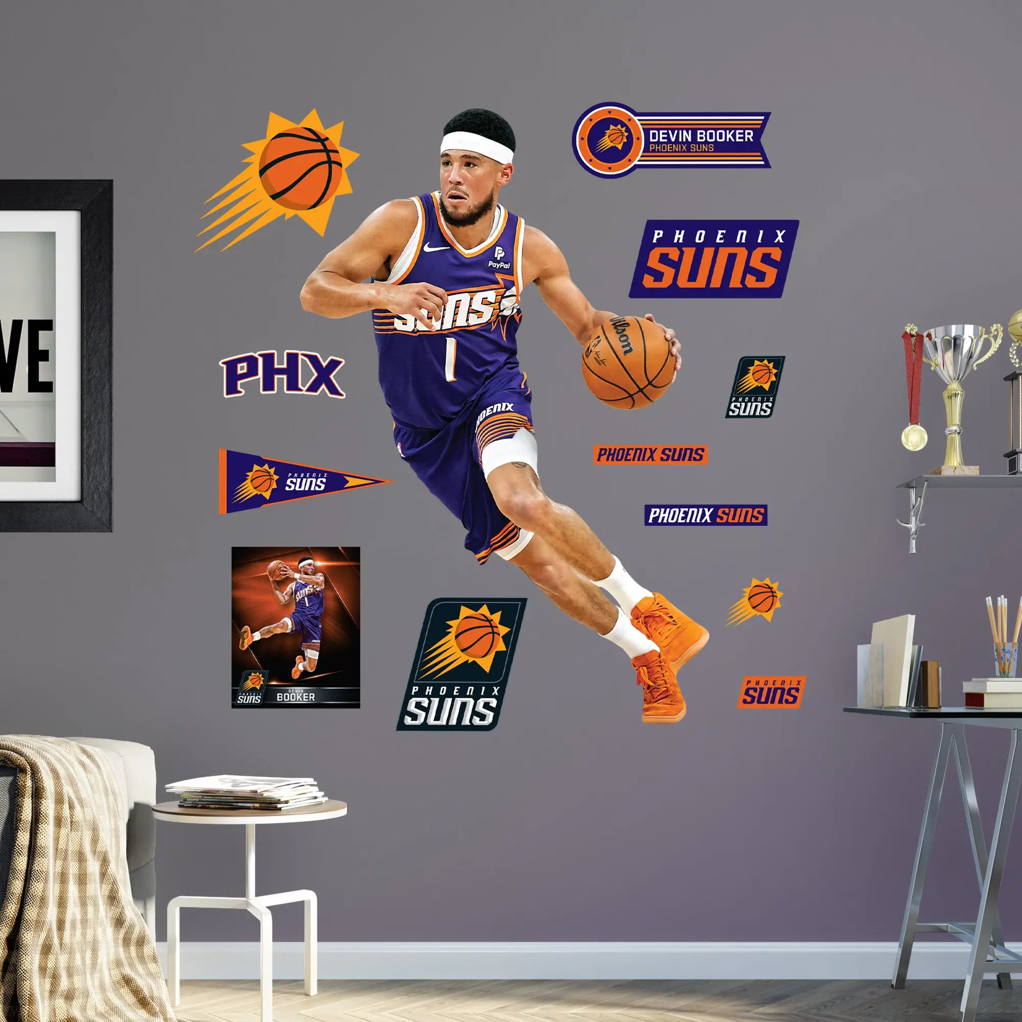 Official NBA Phoenix Suns #3 Devin Booker RealBig Collection Reusable Vinyl Home Decor Removable Wall Stickers & Murals, Athlete Wall Stickers & Murals for Room