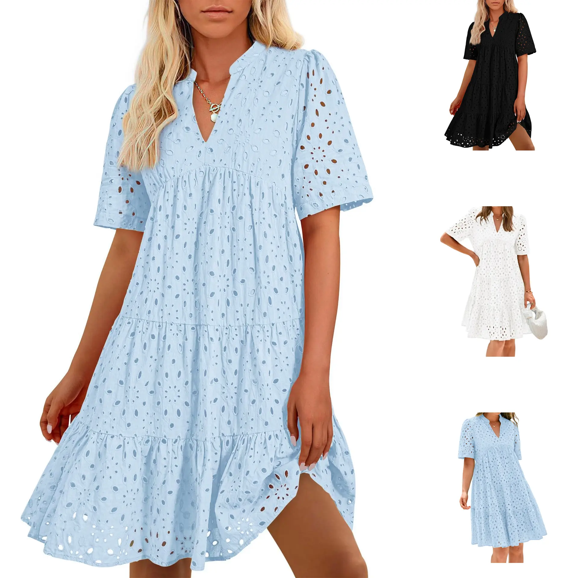 Yimoon Womens Summer Eyelet Dress V Neck Short Sleeve Loose Fit Tiered Mini Dress Casual Boho Beach Vacation Sundress