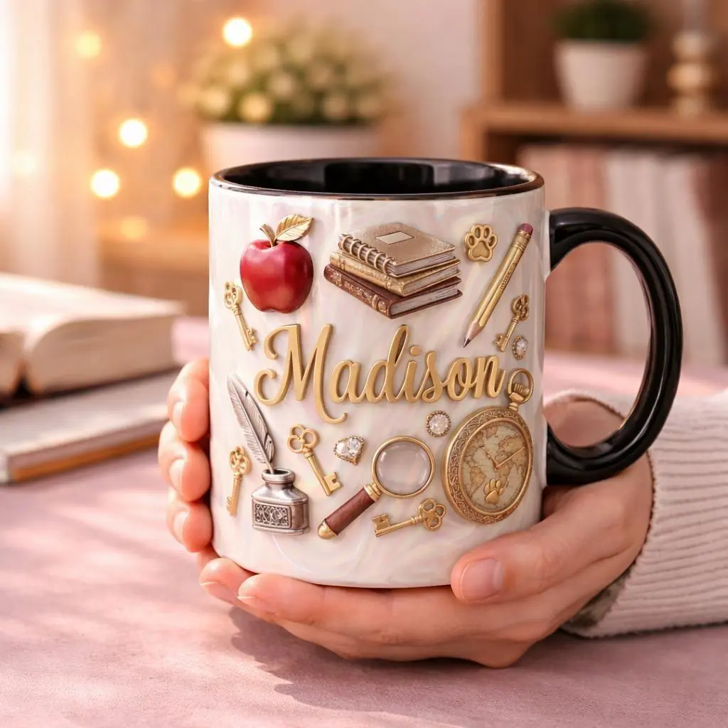 Custom Teacher Mug with Personalized Name, 2D Printed 3D Effect Teacher Coffee Cup, Cute Appreciation Mug for Teachers and Educators, Classroom Desk Coffee Mug for Daily Use, Perfect Back to School Teacher Appreciation Birthday Gift