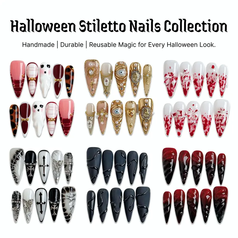 Younique Nails HALLOWEEN DAY HOLIDAY RHINESTONE COLLECTION Handmade Reusable Acrylic Set Kit Luxury Press-On Salon Quality Fake Press On Tip Week Wear Short European Square Shape Sea Blue Floral Detail Nude French Design Eye Jewel Mixed Multi Pearl