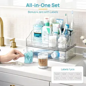 【Countertop Organizer】Vtopmart 6PCS Bathroom Countertop Organizer, 1 Divided Tray with 4 Qtip Holder Jars and 1 Drawers, Restroom Clear Organizers for Toothbrush, Cotton Pads, Vanity Accessories Storage Set