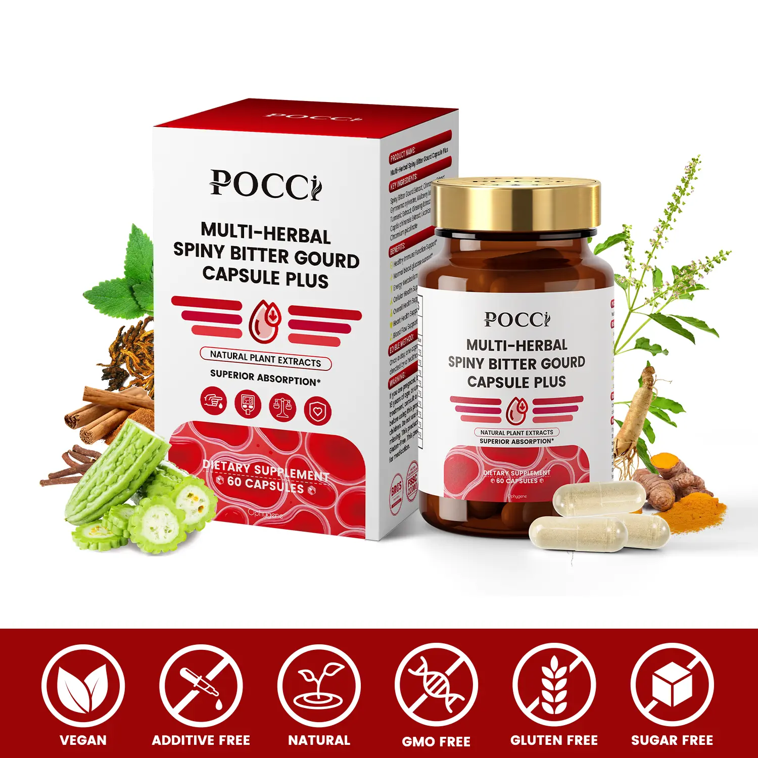 Pocci Multi-Herbal Bitter Gourd Capsules - Natural Botanical Blend with Ceylon Cinnamon, Berberine, Chromium, Turmeric, Organic Ginseng - Vegan, Gluten Free, GMO-Free Adults Blood Sugar & Metabolic Support, 60 Capsules