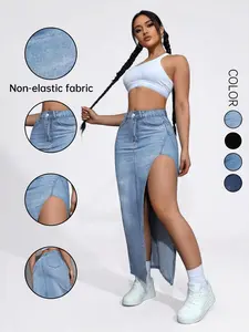 Women's Split Denim Midi Skirt, Casual Chic Fashion Fitted Skirt, All-Season Ladies' Bottoms, Trendy Street Style, Must-Have Fashion Item